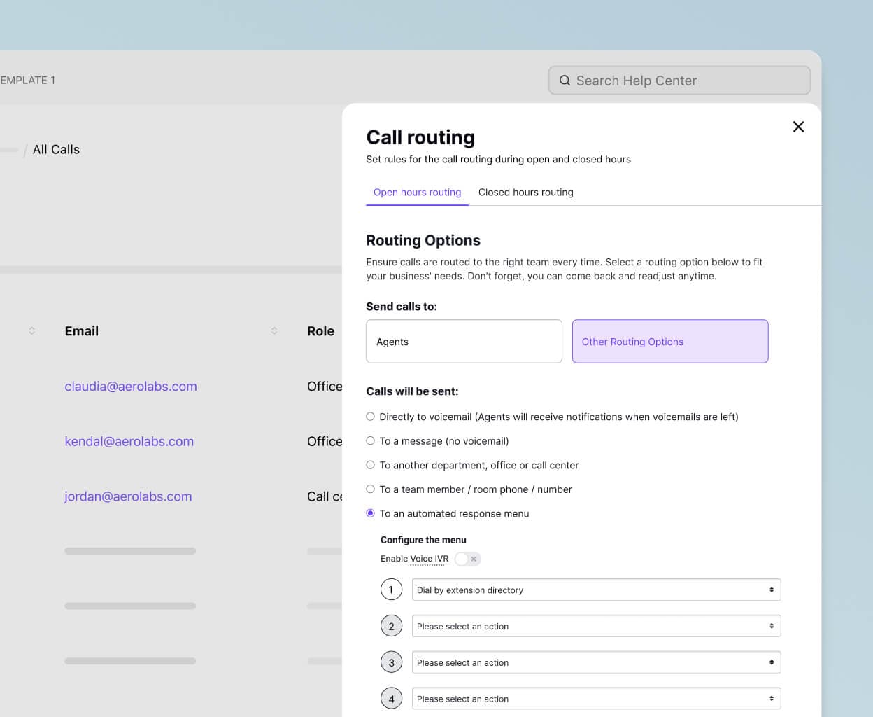 Screenshot of setting up call routing on Dialpad