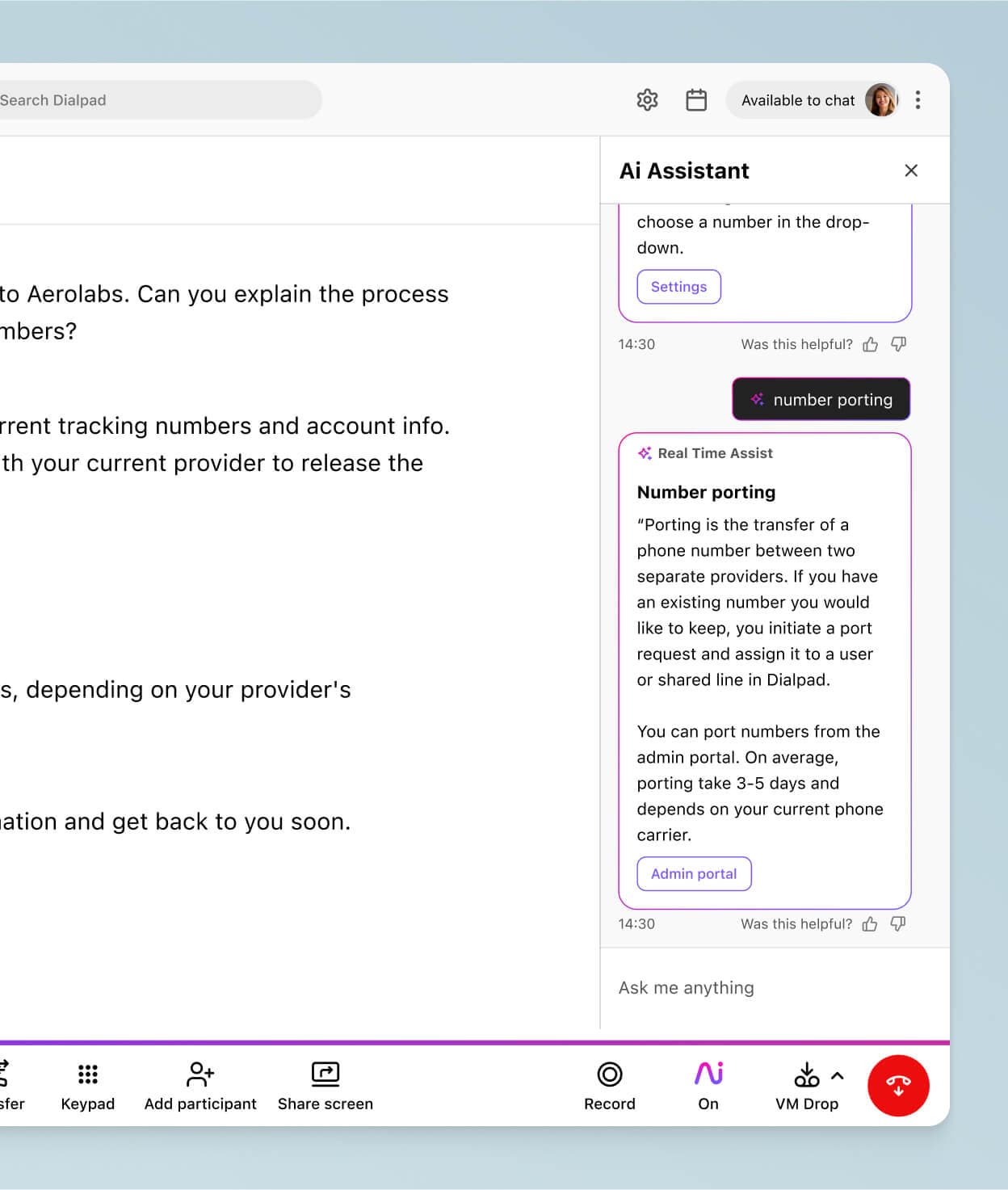 Screenshot of Dialpad Assistant providing AI support with instant info access and suggested responses
