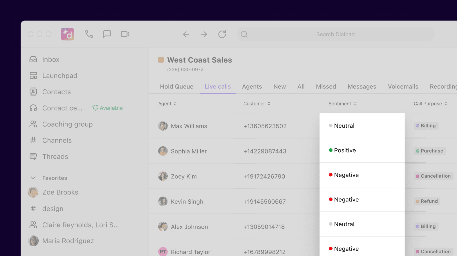 Screenshot of Dialpad Ai analyzing the sentiment of multiple calls in real time