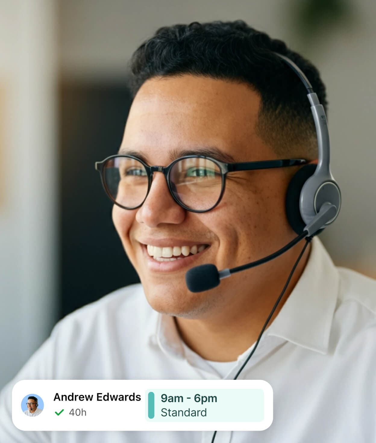 A smiling contact center employee talking to customers with a shift schedule graphic below