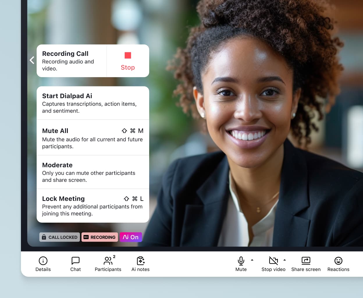 Screenshot of locking a video conference in Dialpad's using the built-in security controls.