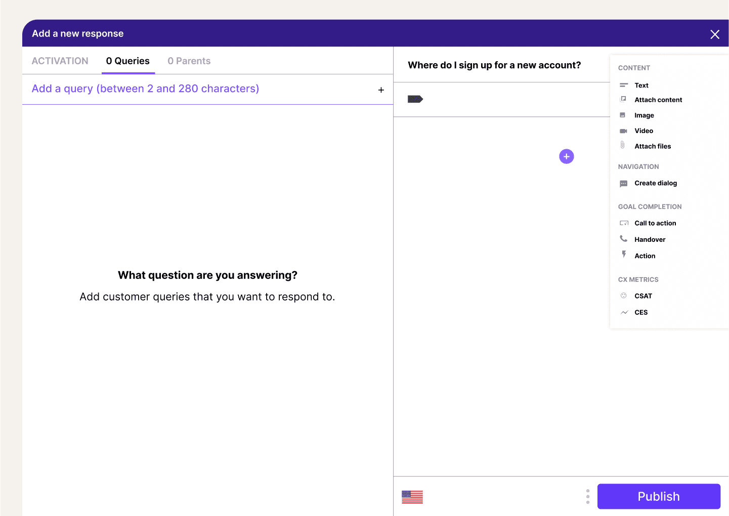 Creating a chatbot response flow using Dialpad's no-code drag-and-drop builder.