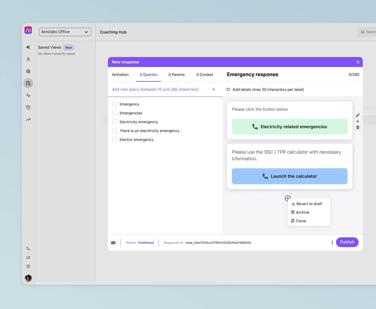 Screenshot of creating a chatbot response flow using Dialpad's no-code drag-and-drop builder