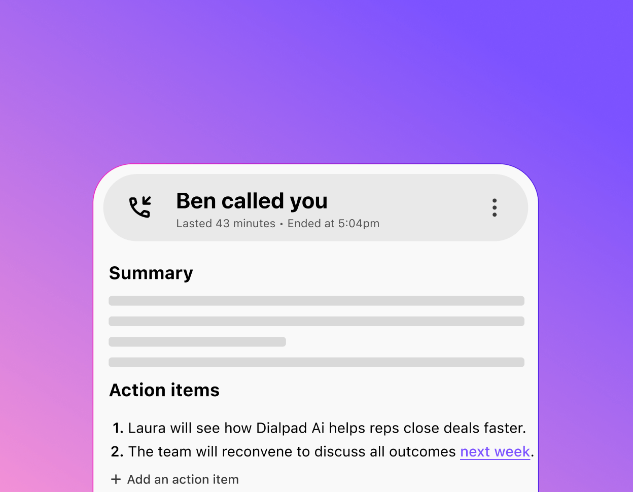 Screenshot of a list of action items generated by Dialpad Ai Recaps feature