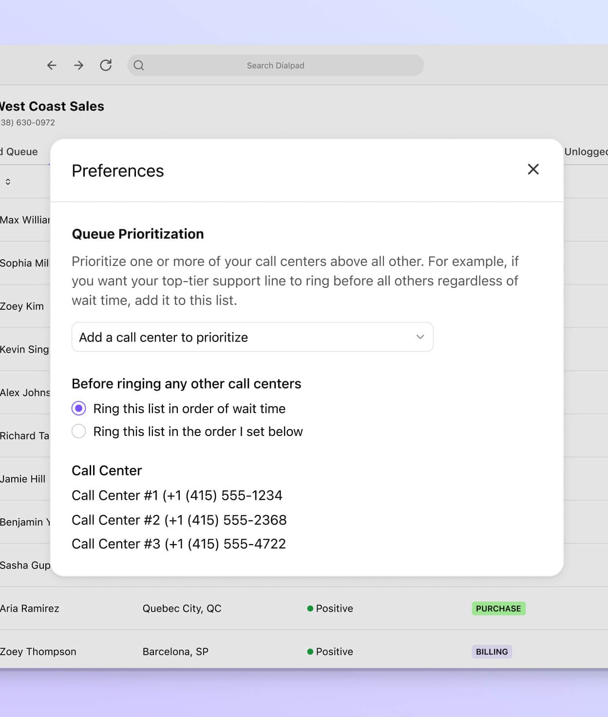 Screenshot of queue prioritization in Dialpad