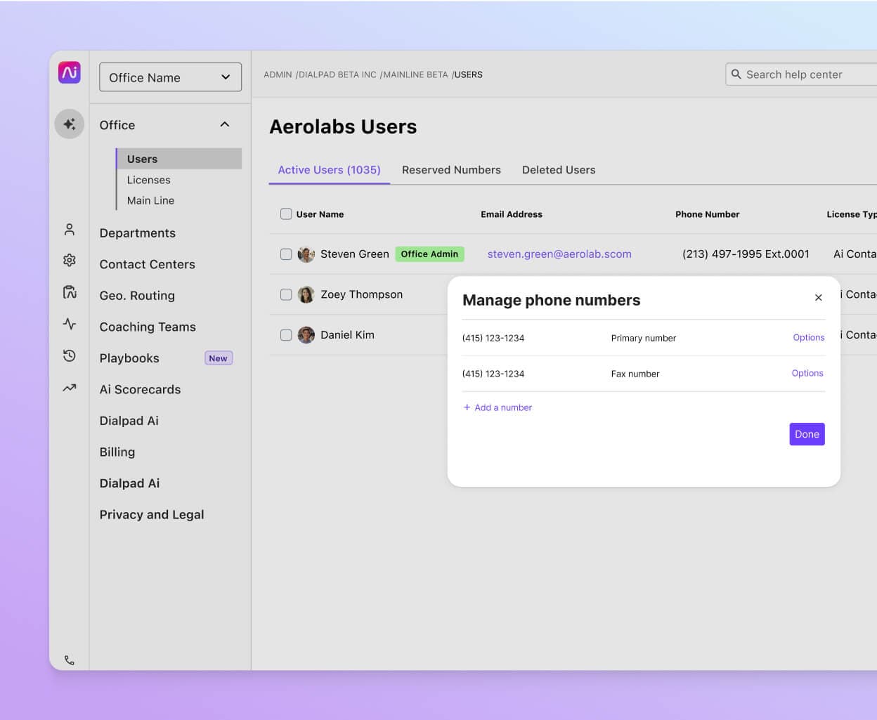 Screenshot of adding and managing phone numbers from Dialpad's online dashboard