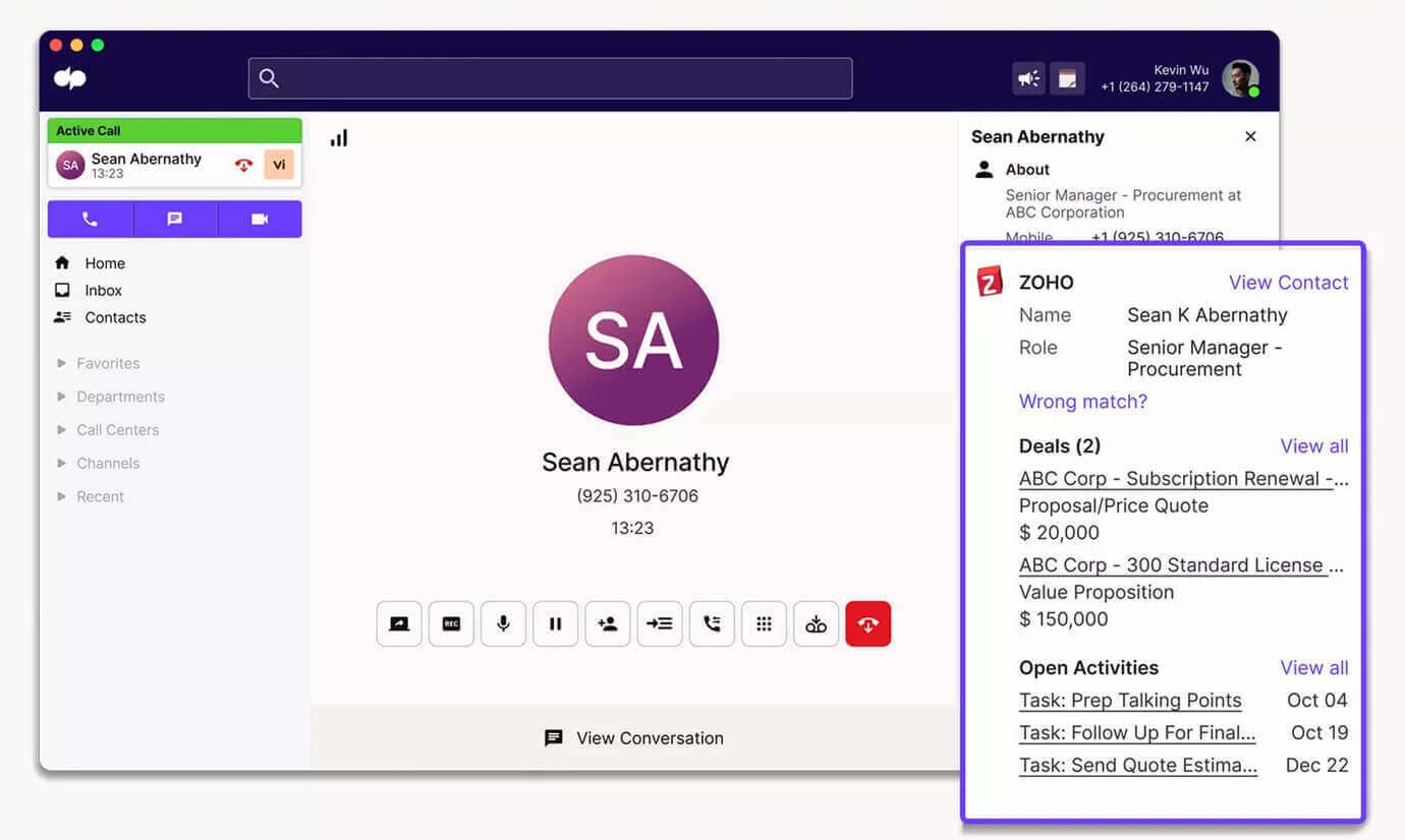 Screenshot of Dialpads Zoho CRM integration automatically pulling contact details