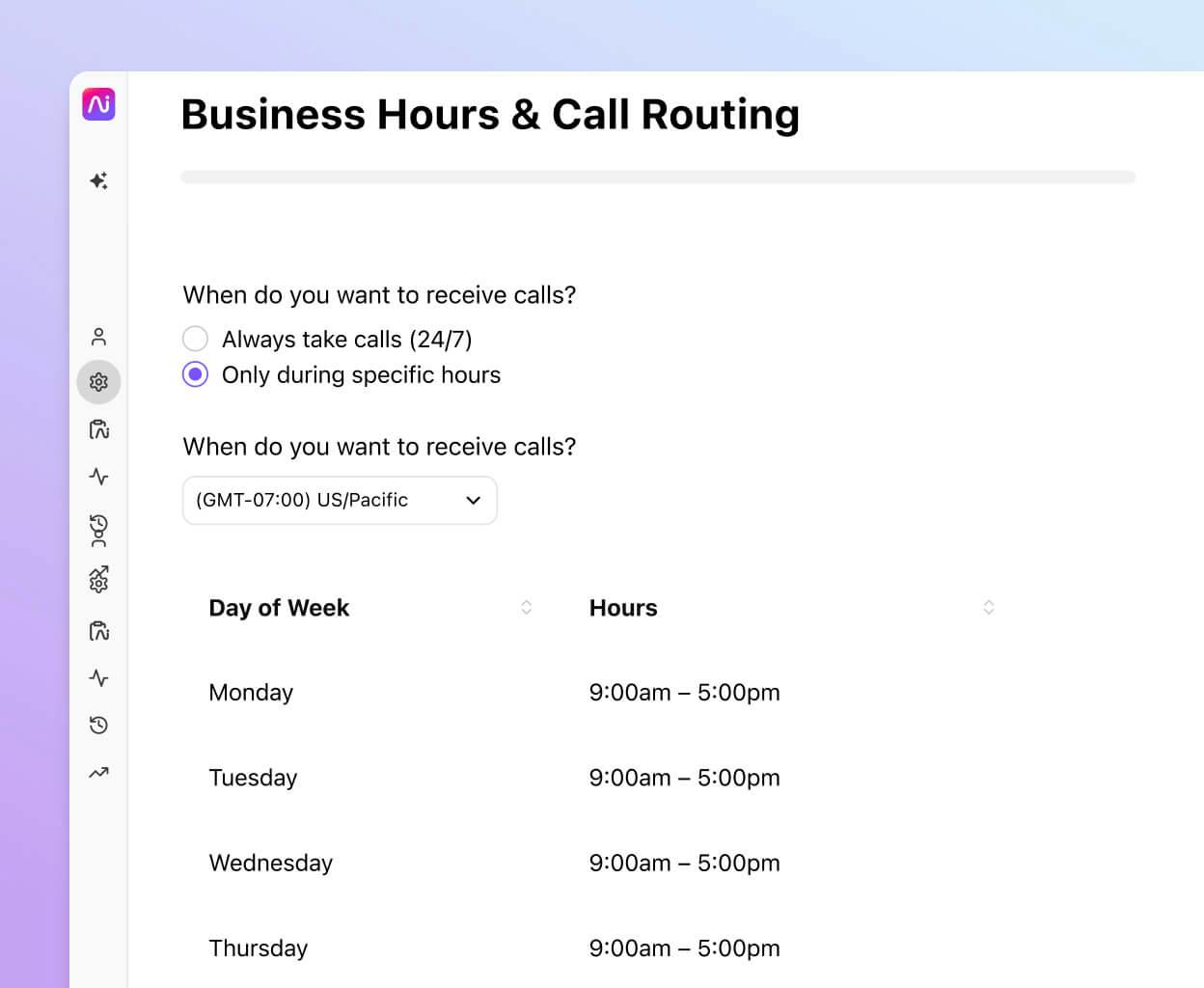 Screenshot of setting business hours and call routing in Dialpad