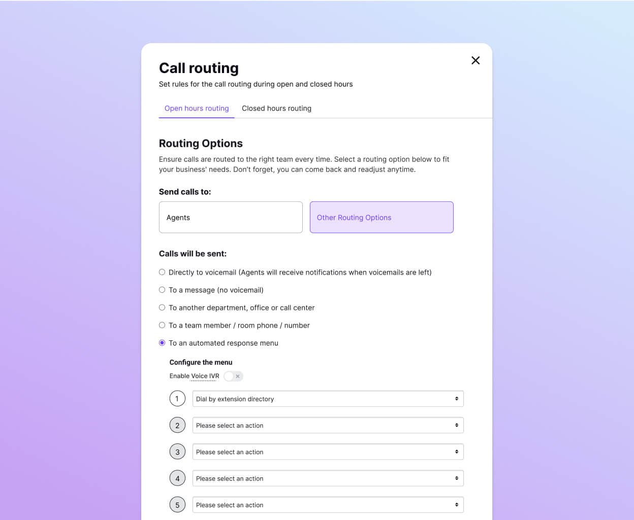 Screenshot of Dialpads call routing options