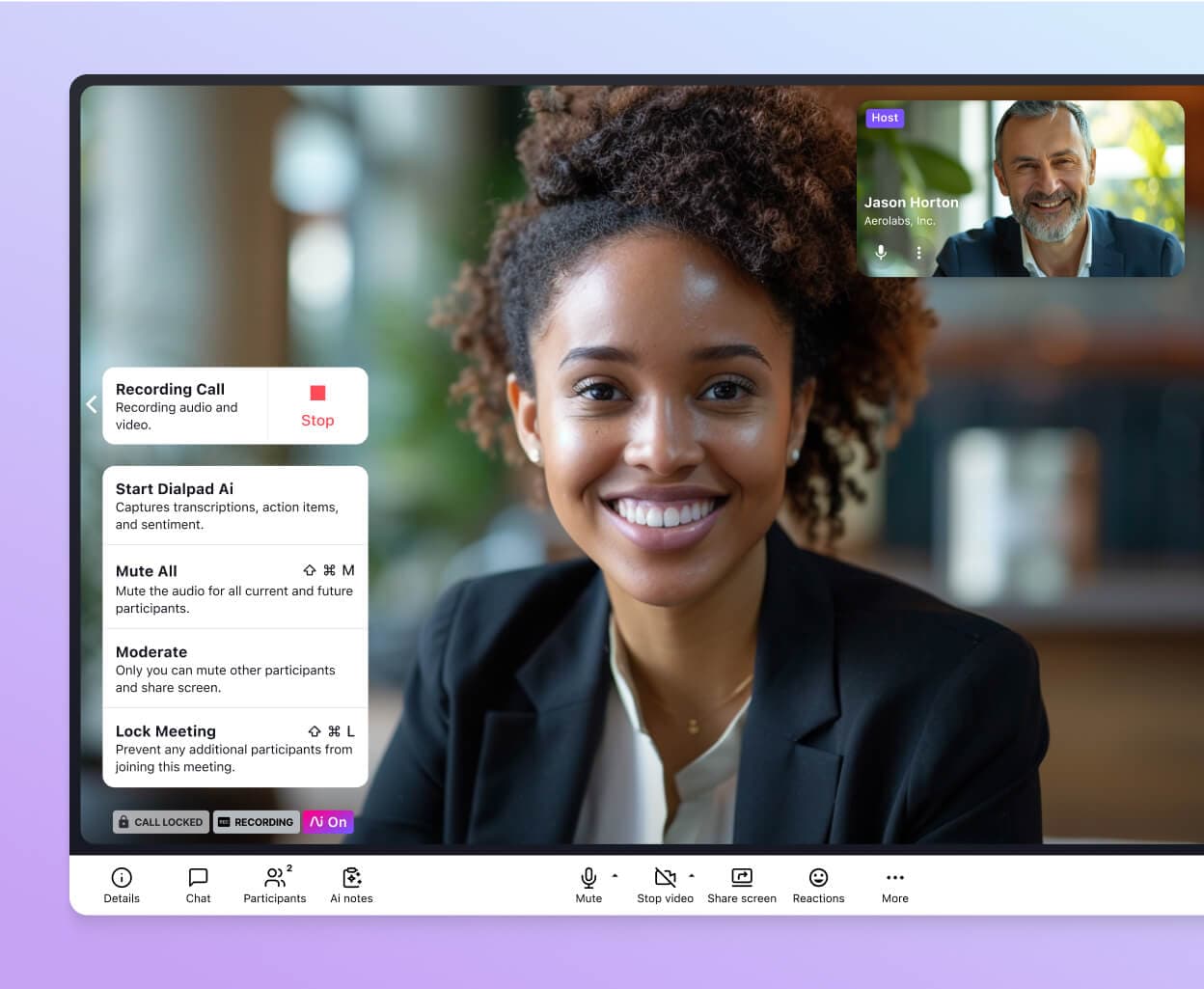 Screenshot of locking a video conference in Dialpad using the built-in security controls