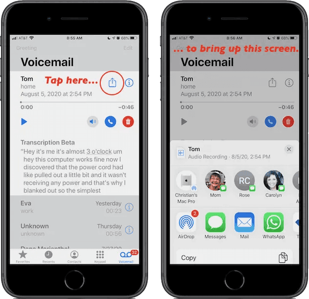 Sharing a voicemail on iphone