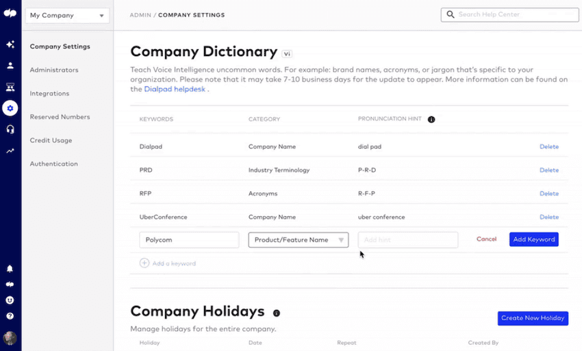 Adding a word to company dictionary in dialpad blog size