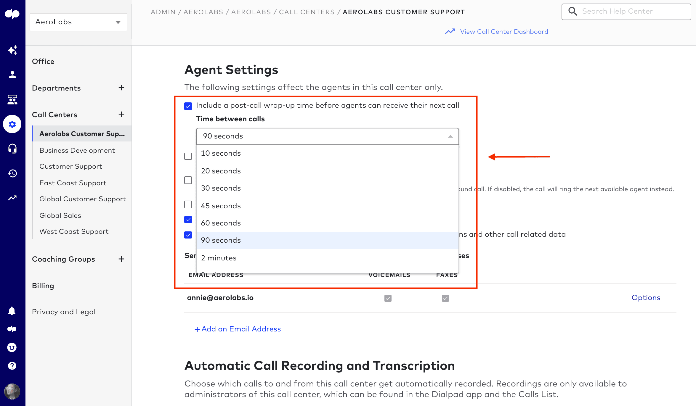 Post call wrap up time options dialpad contact center