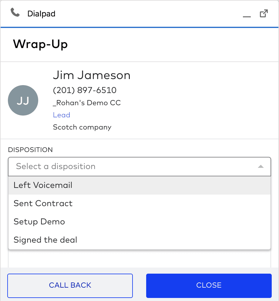 Sales call disposition in dialpad