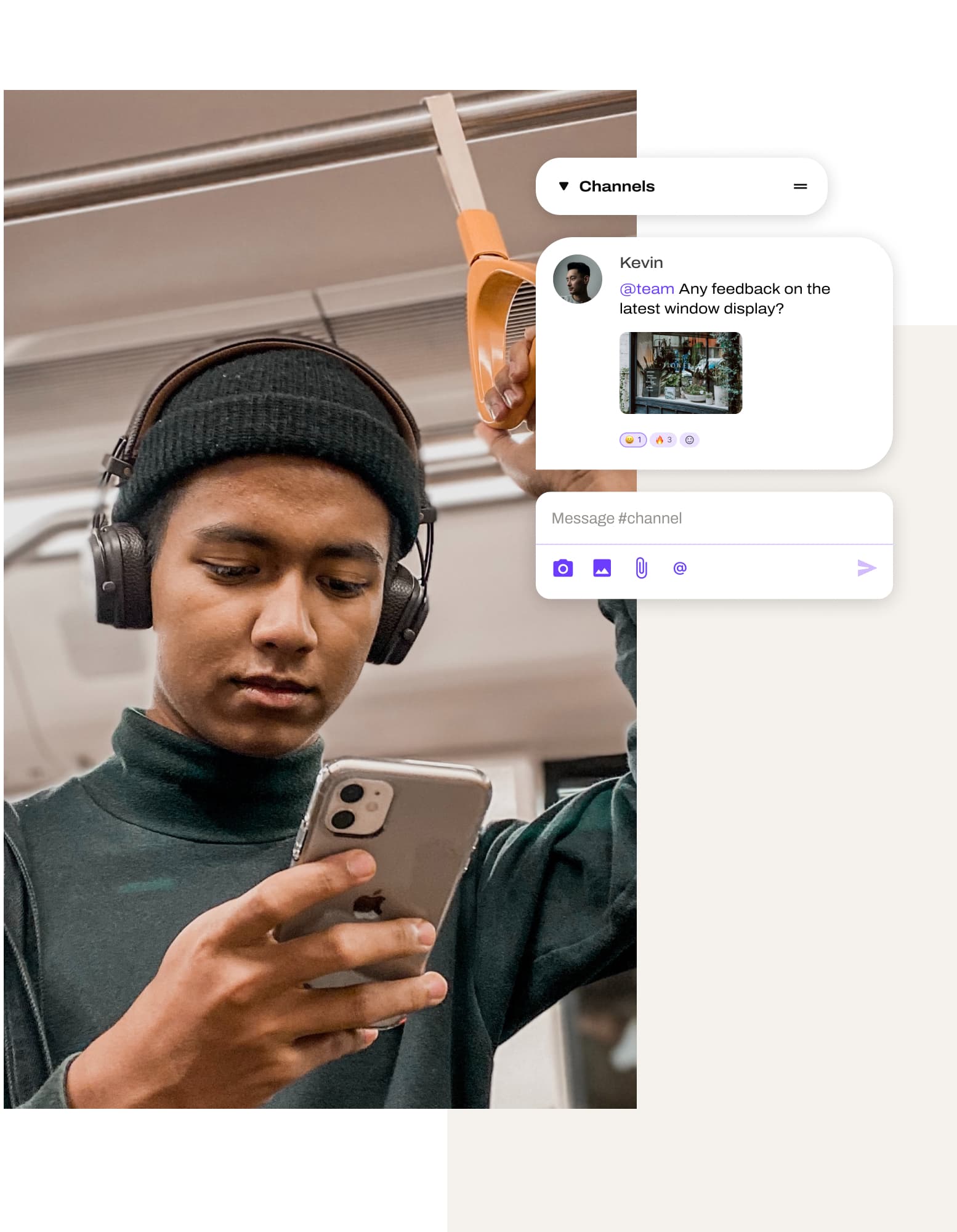 Photo of a man on a subway on his phone, with Dialpad's team messaging and meeting notes user interface