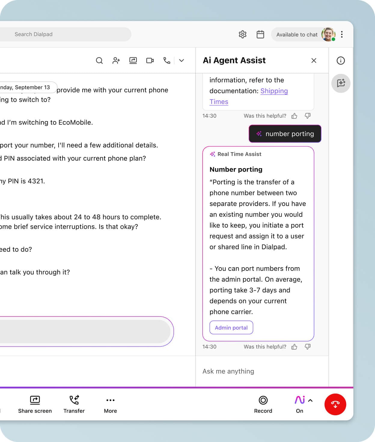 Screenshot of Dialpads Ai Agent Assist feature