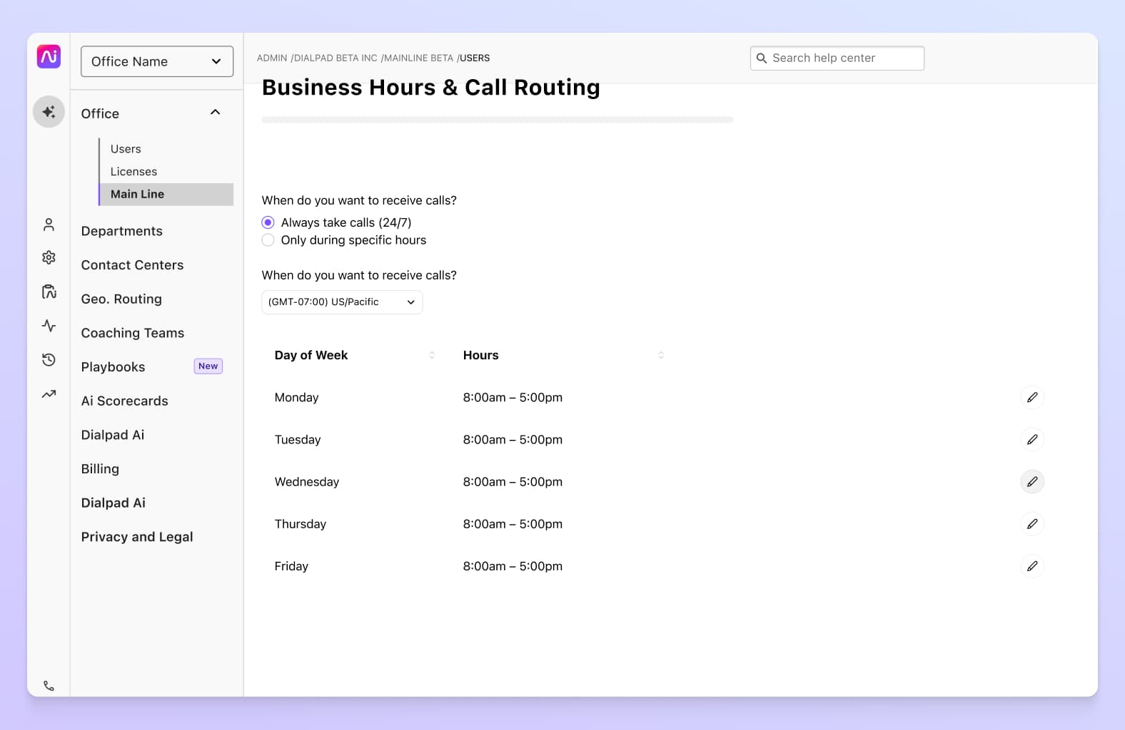 Screenshot of setting business hours for a company in dialpads dashboard