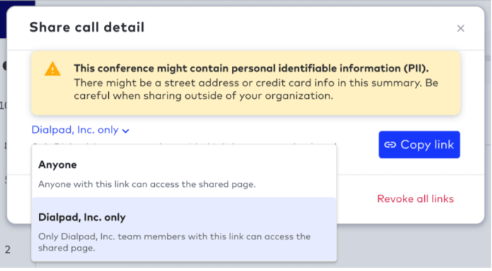 Revoking sharing links in dialpad