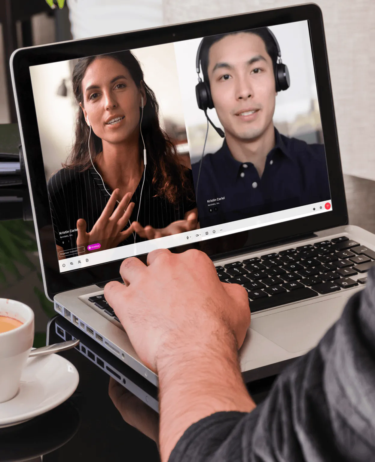 A person in a video conference call with two other people