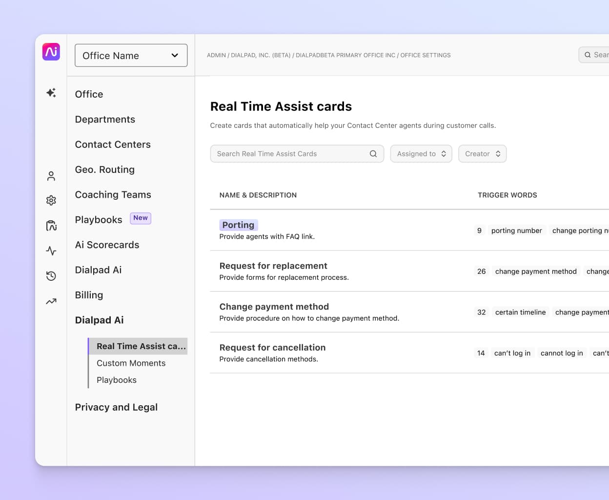 Screenshot of Dialpad's AI-powered real time assist card feature that is useful for an agent or rep when a tricky question comes up on a call