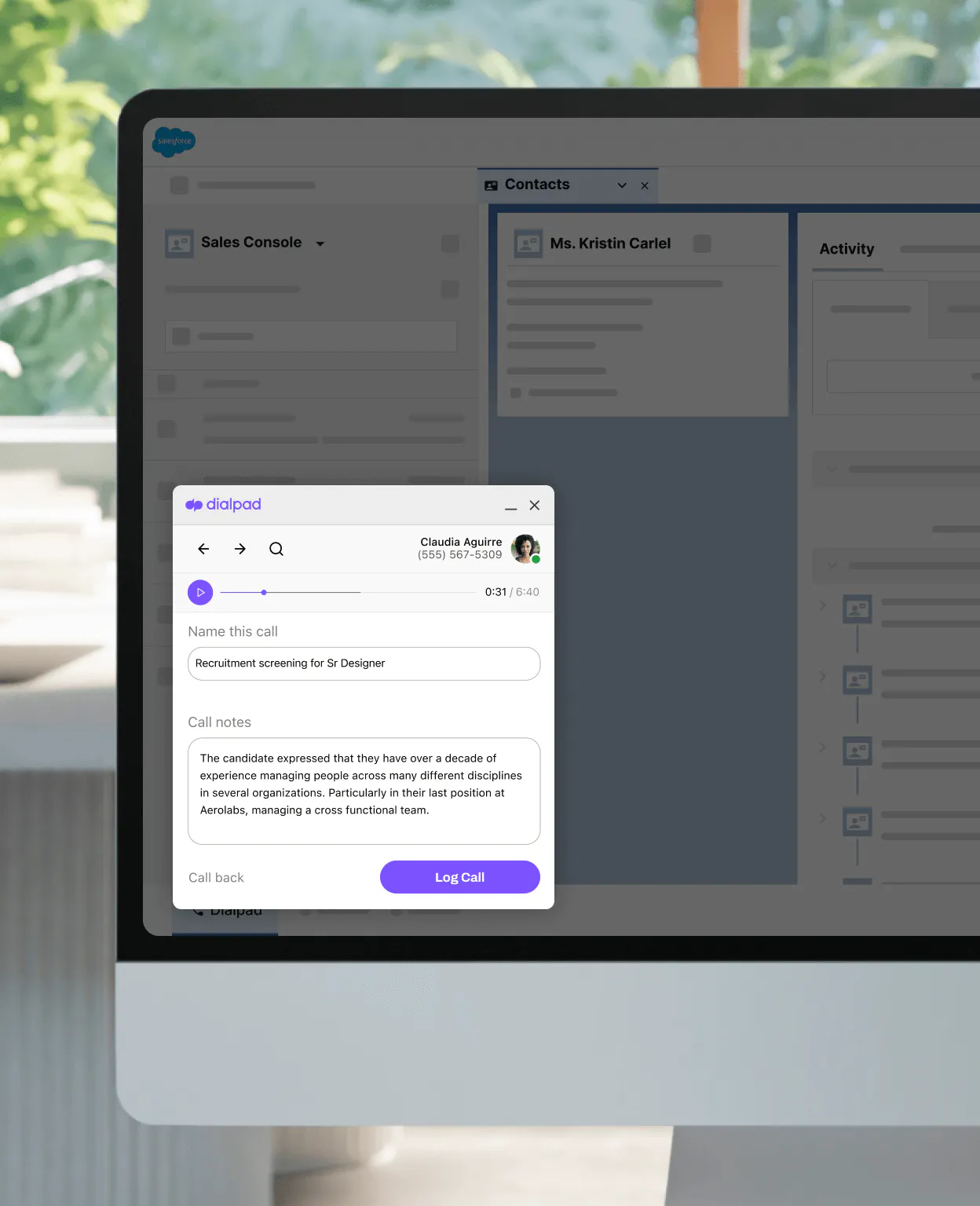 A computer showing a screenshot of Dialpads integration with Salesforce