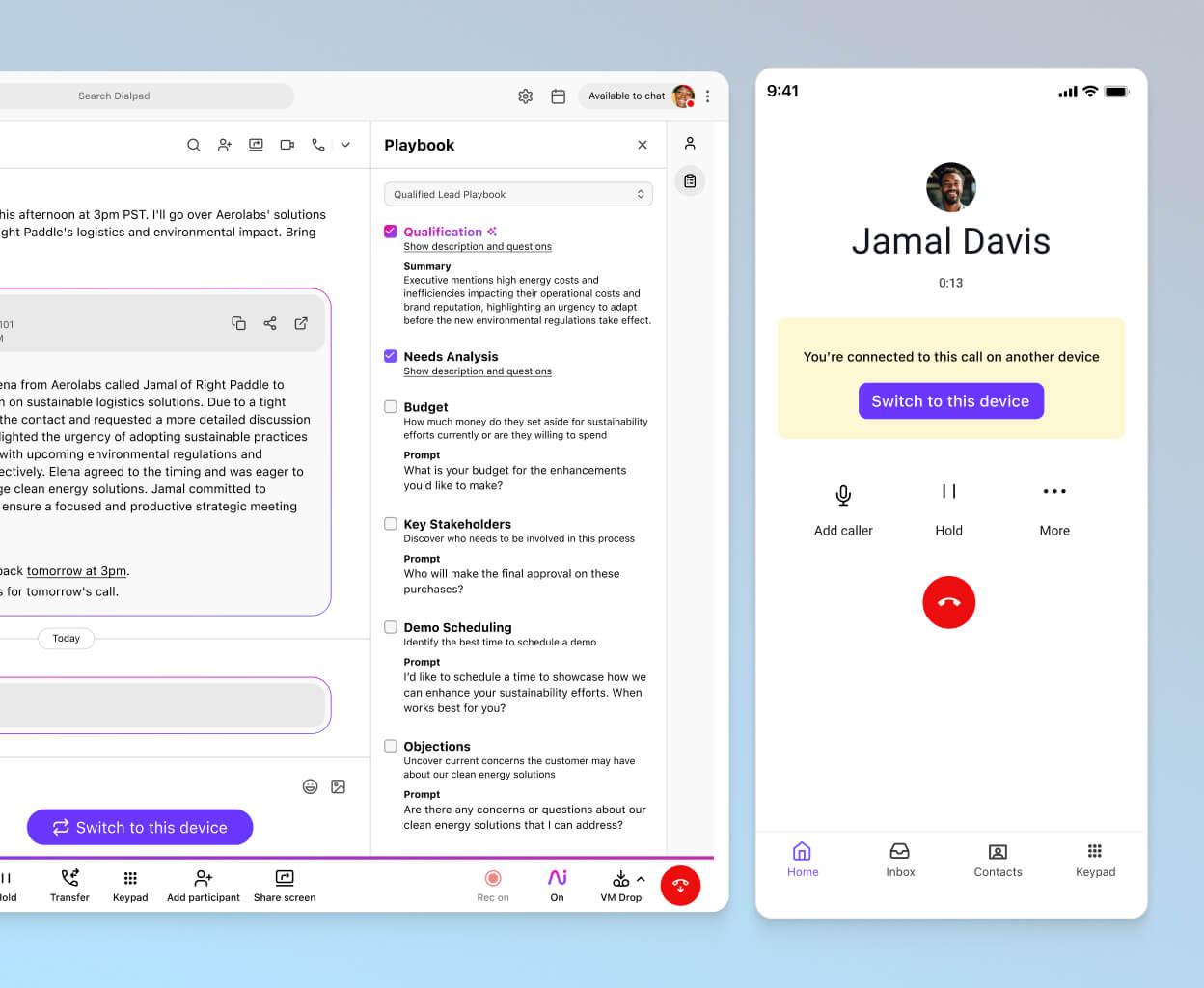 Screenshot of Dialpad's Ai Playbooks feature, displaying a user interface for accessing AI-driven call scripts and guidance