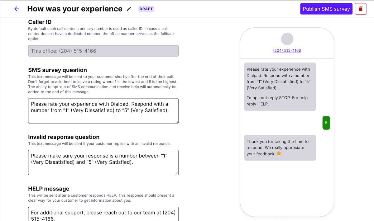 SMS CSAT surveys in Dialpad