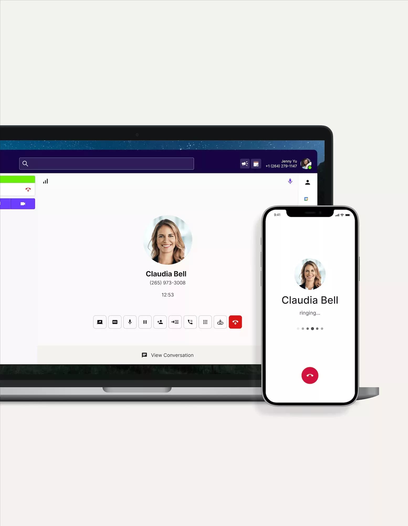 Screenshot of a phone call simultaneously ringing a computer and cell phone on Dialpad's app