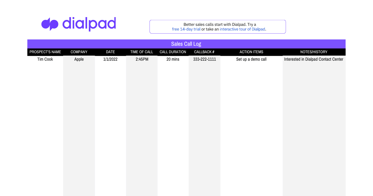 Sales call log template