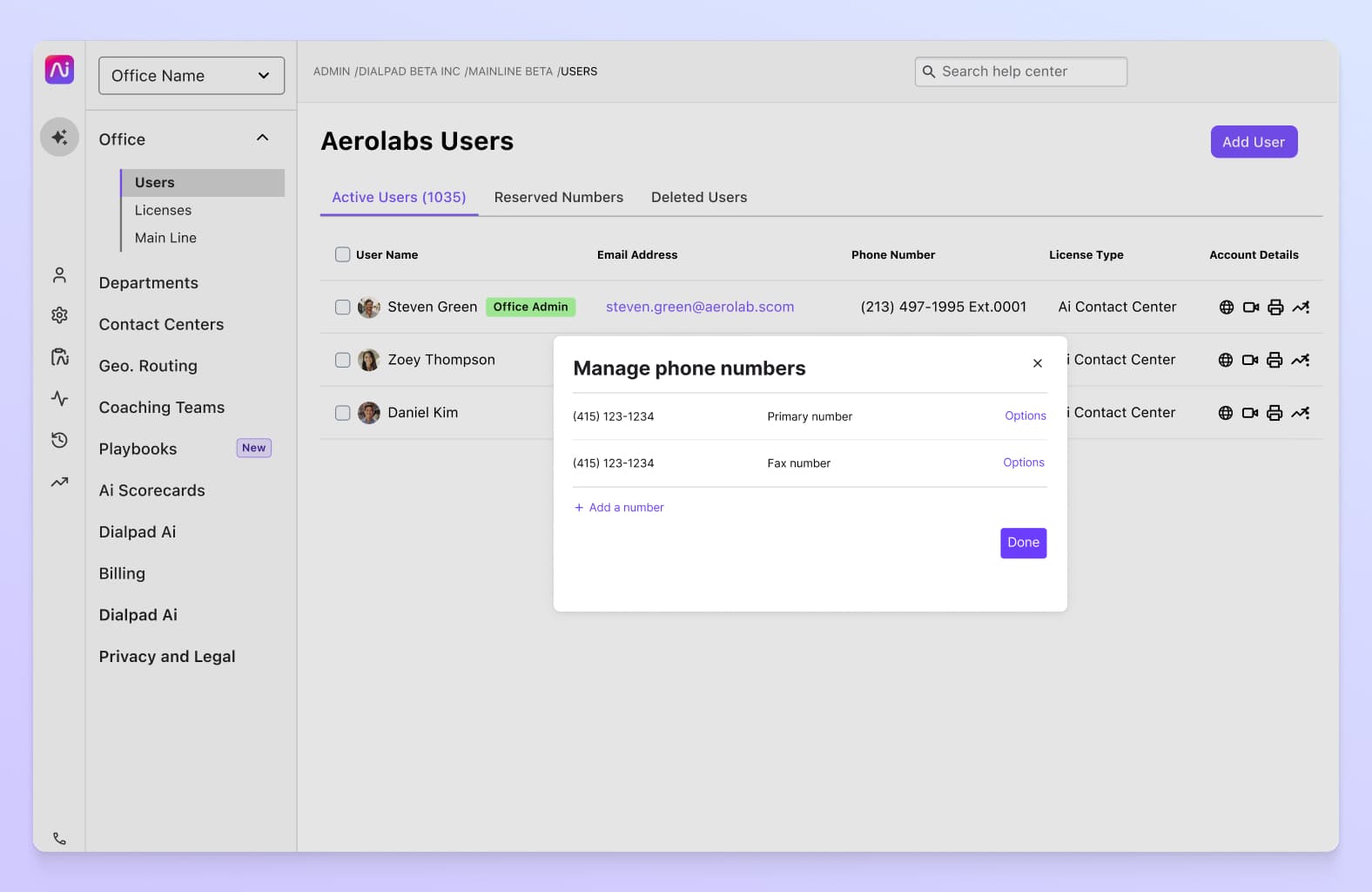 Screenshot of adding and managing phone numbers from Dialpads online dashboard