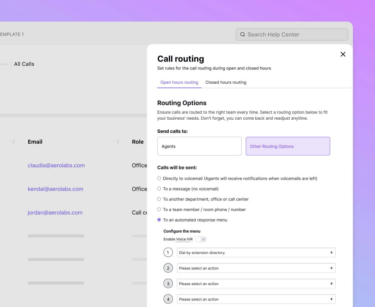 Screenshot of setting up call routing on Dialpad