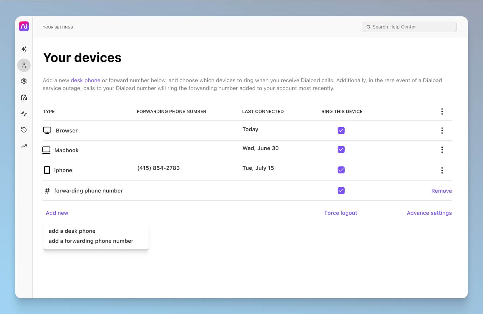 Screenshot of managing devices on Dialpad