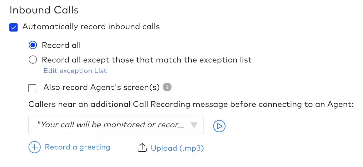 Dialpads inbound call recording settings