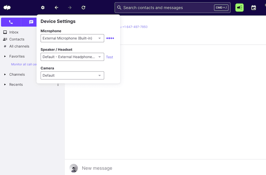 Screenshot of adjust microphone settings on Dialpad