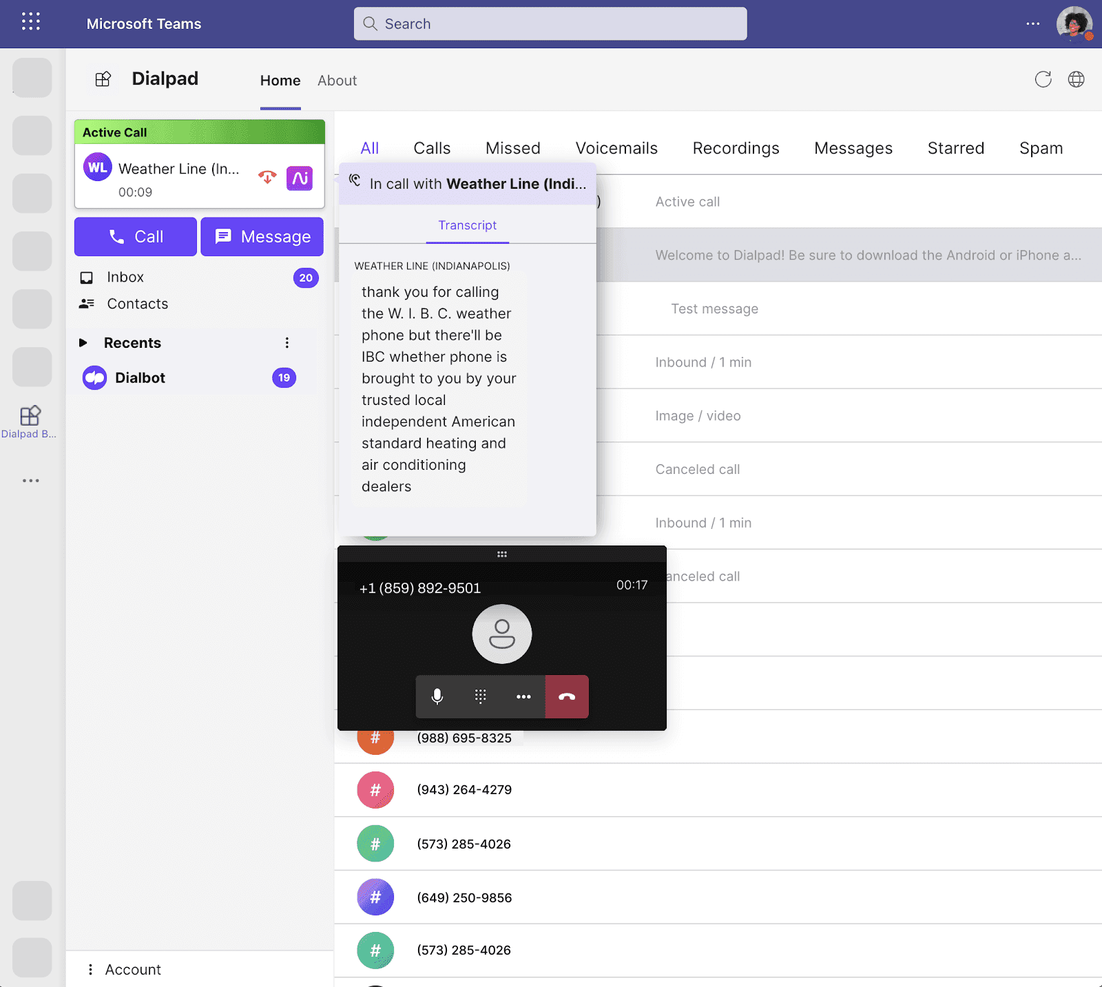 Dialpad call happening inside Microsoft Teams