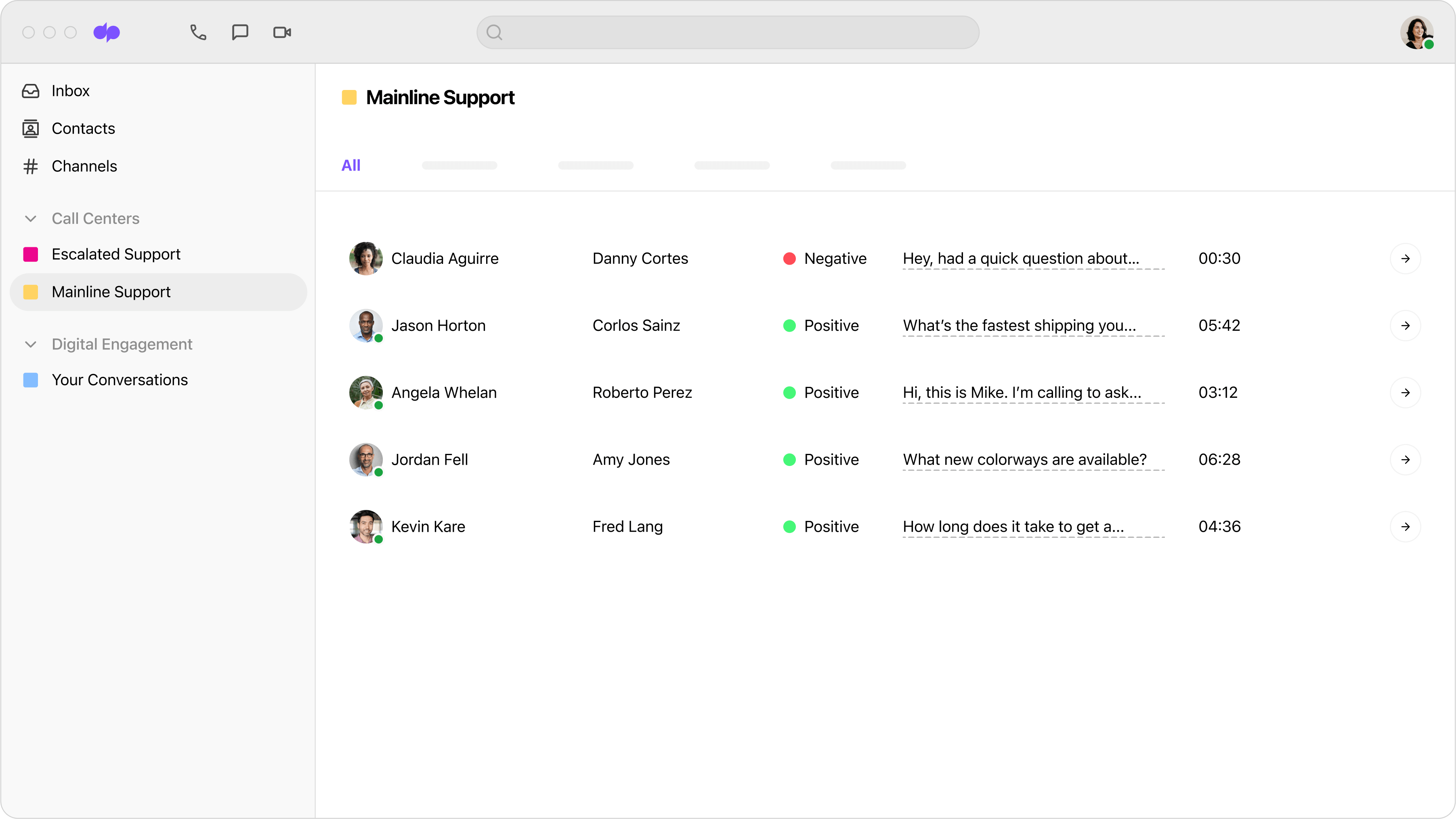 Mainline Support with Live Calls UI