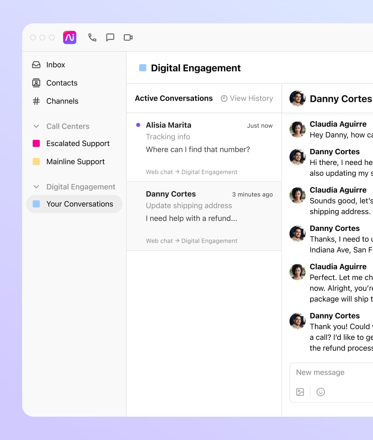 A screenshot of social media, digital, and voice channels being handled by an agent in Dialpads omnichannel contact center platform