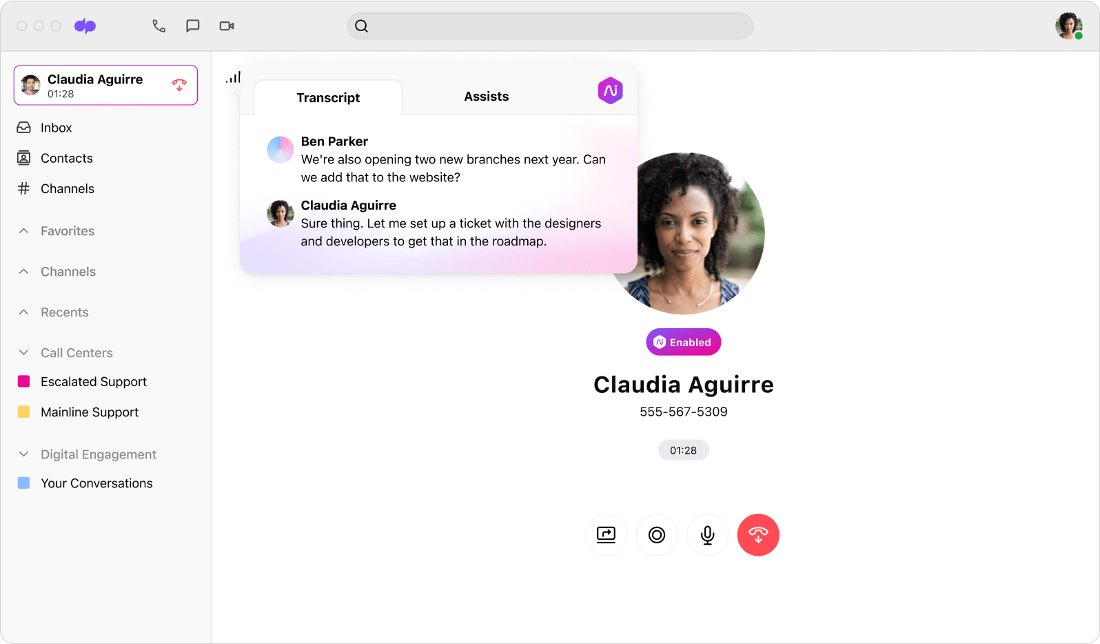 Screenshot of Dialpad Ai transcribing a call in real time