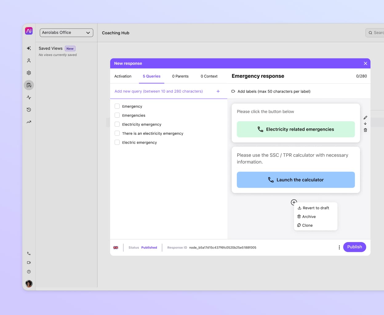 Screenshot of creating a chatbot response flow using Dialpad's no-code drag-and-drop builder