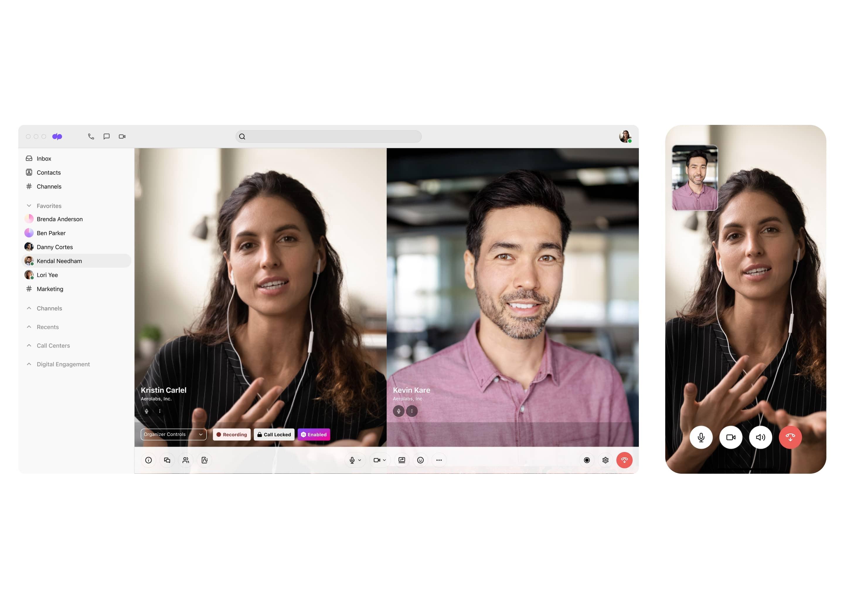 Video conferencing in desktop and mobile app single item card