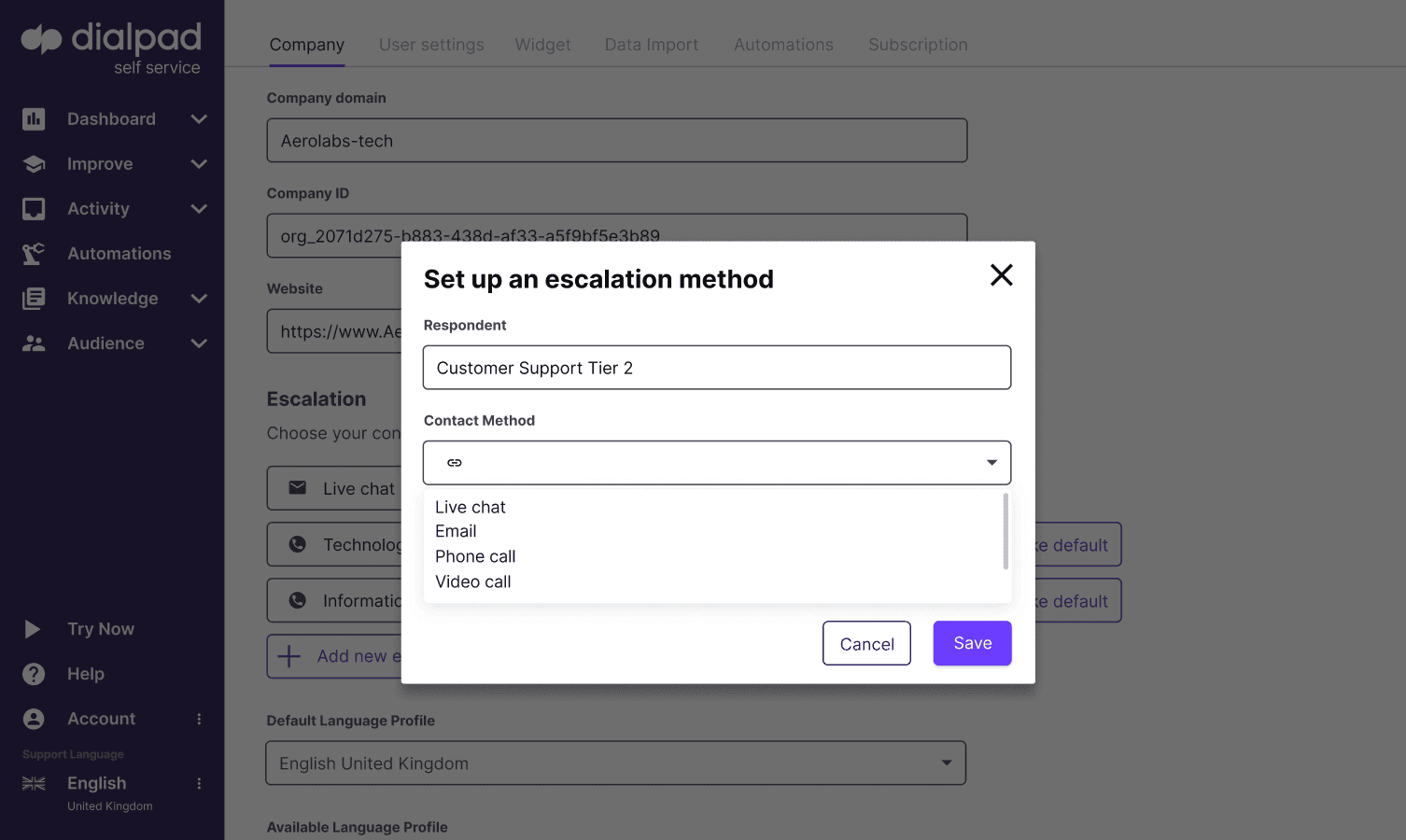 UI of Dialpad Self Service escalation options