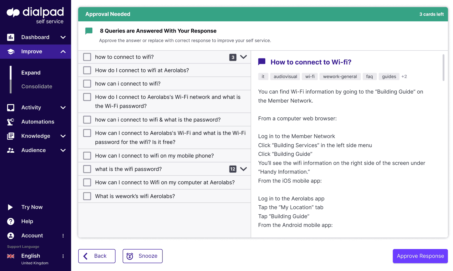 UI of Dialpad Self Service flagging opportunity to improve conversational AI logic