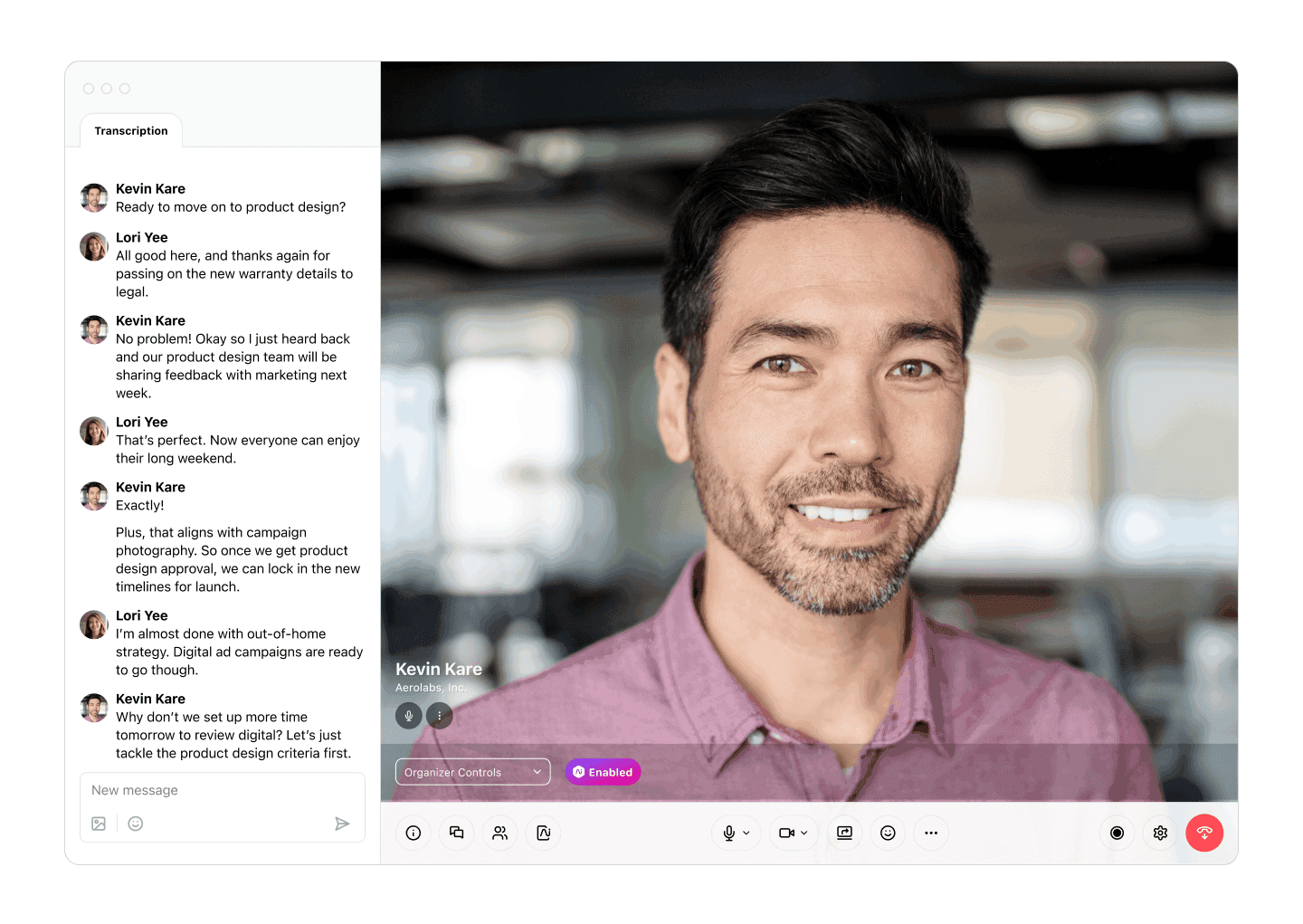 Ai Meetings video conferencing real time transcription UI