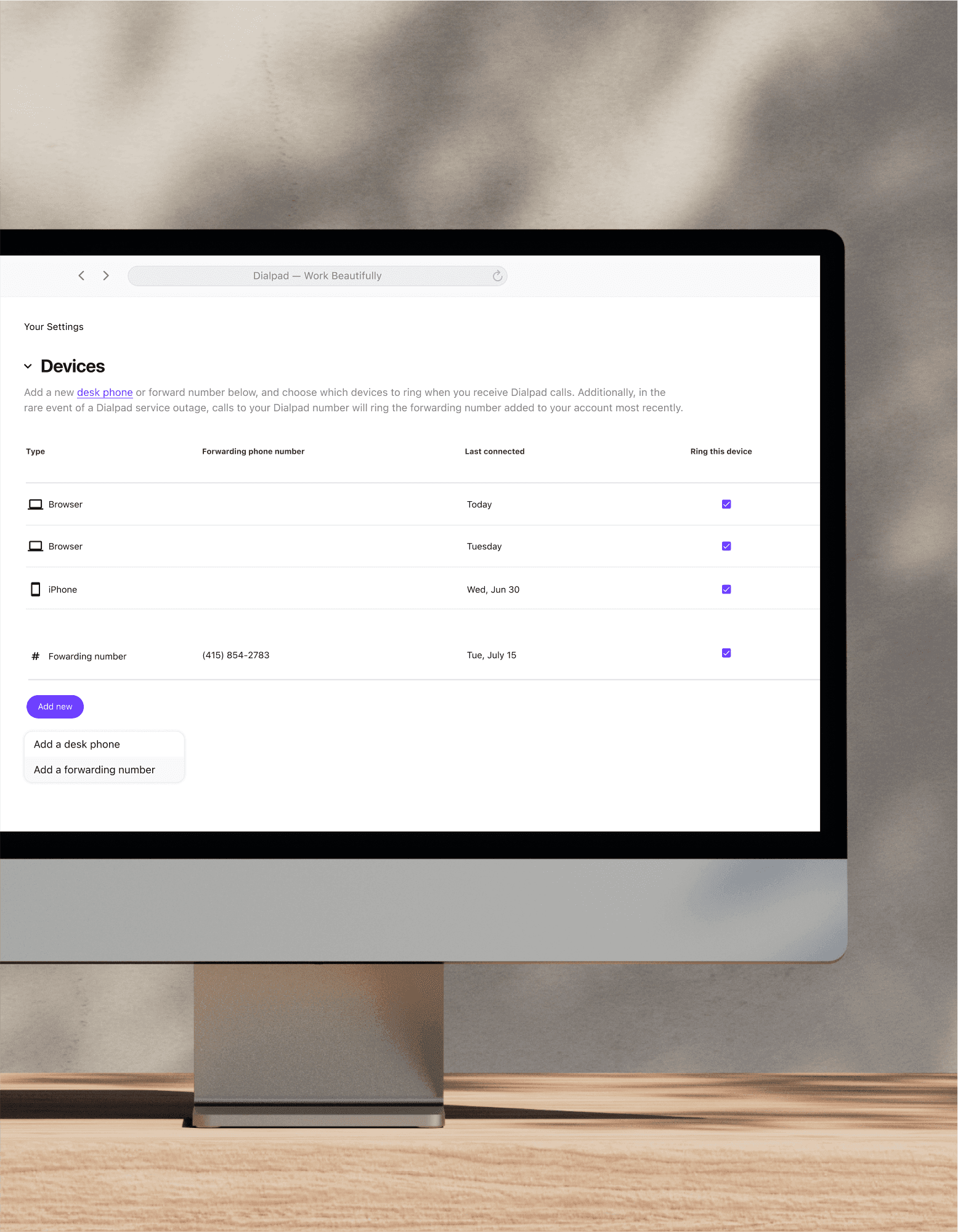 Computer monitor showing Dialpad's call forwarding user interface