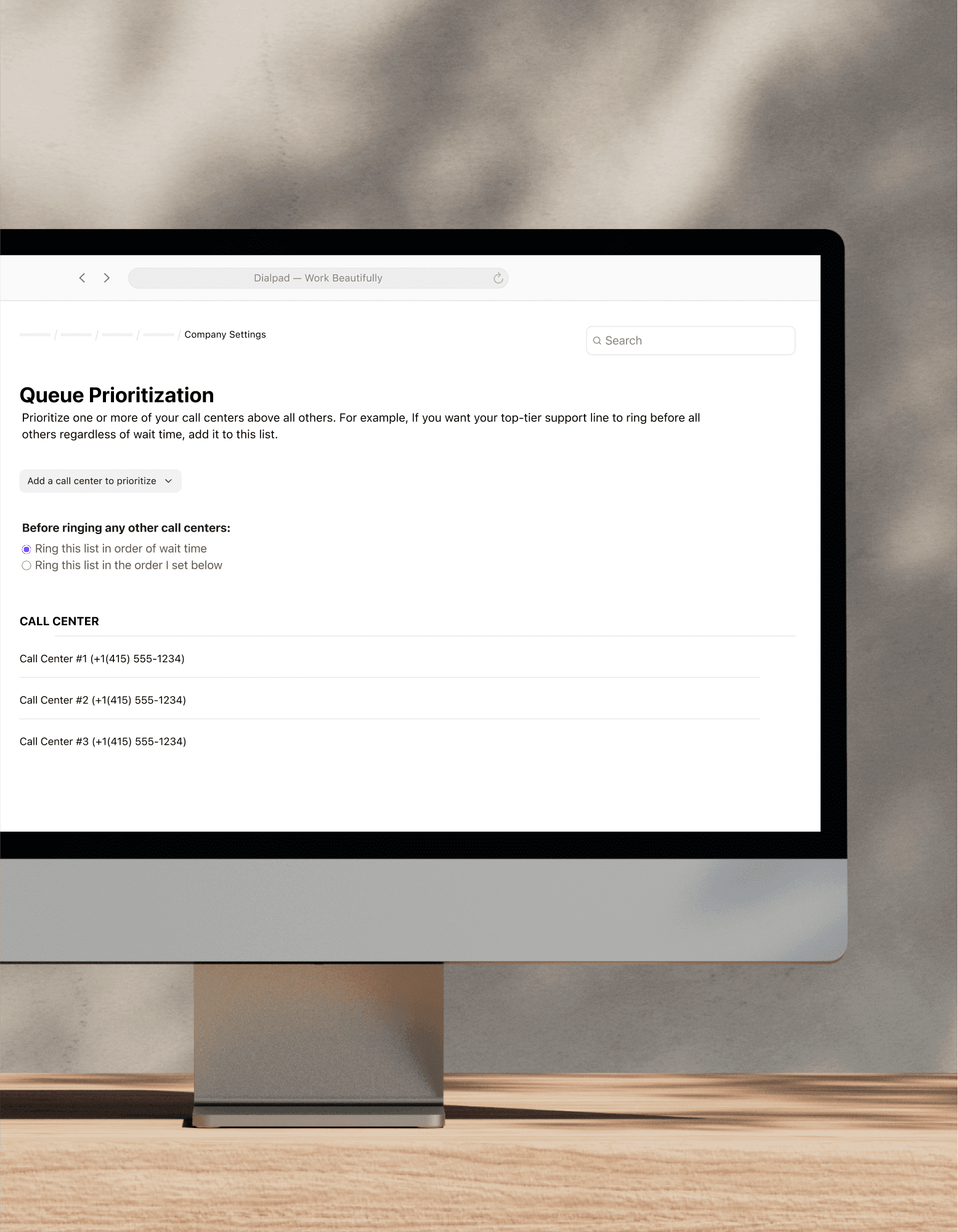 Computer monitor showing Dialpad's call queues user interface