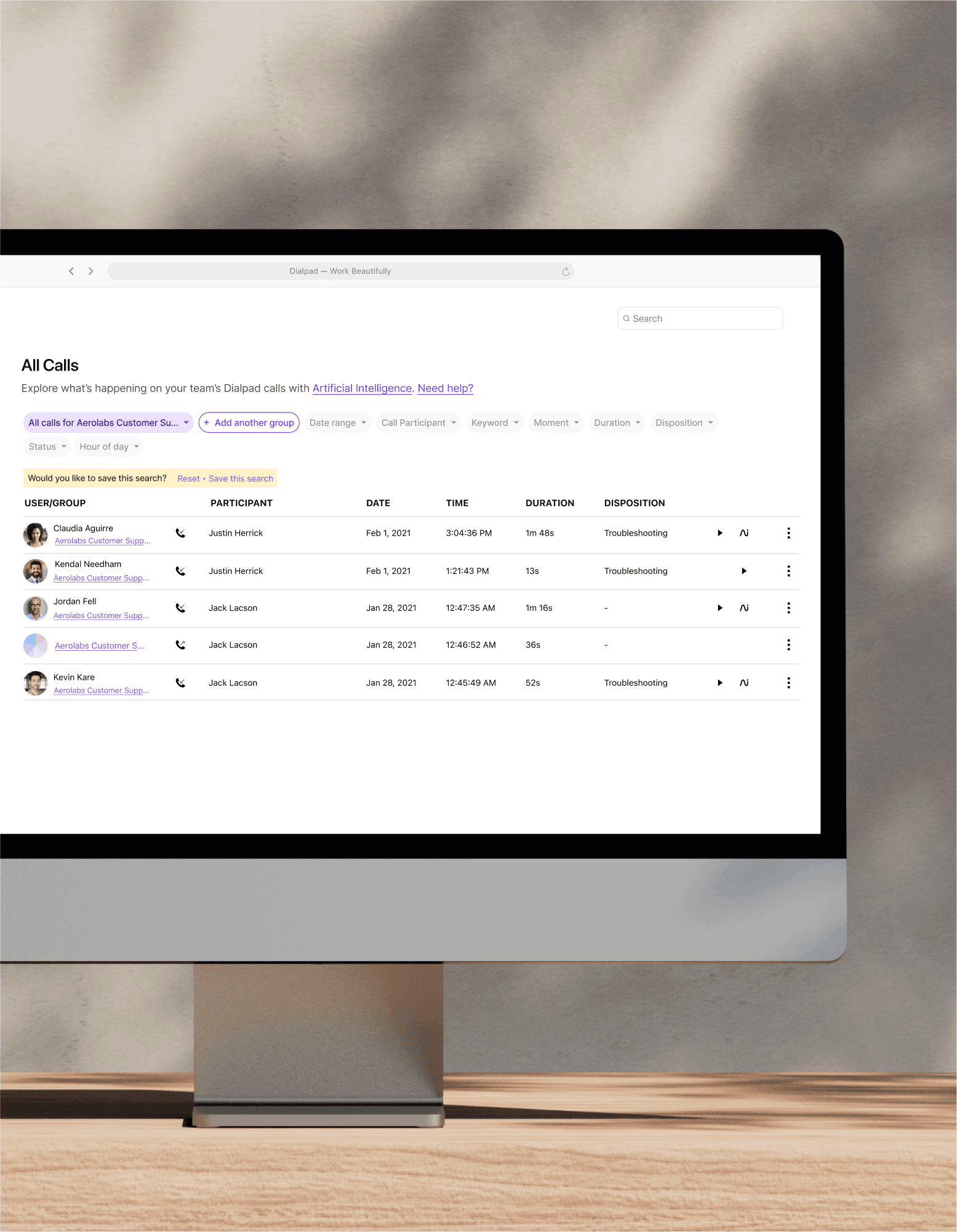 Computer monitor showing Dialpad's contact center platform user interface