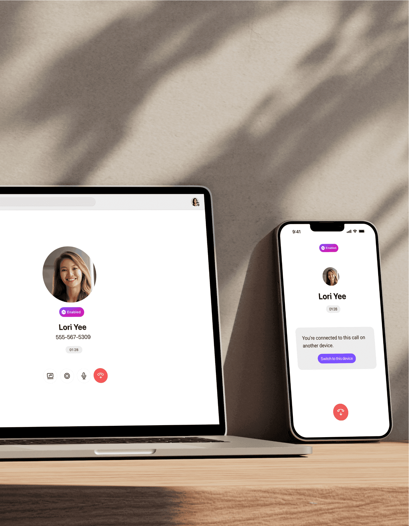 A phone call being flipped from Dialpad's desktop app to mobile app