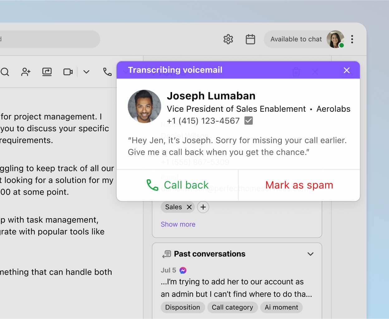 Screenshot of Dialpad's visual voicemail transcription feature