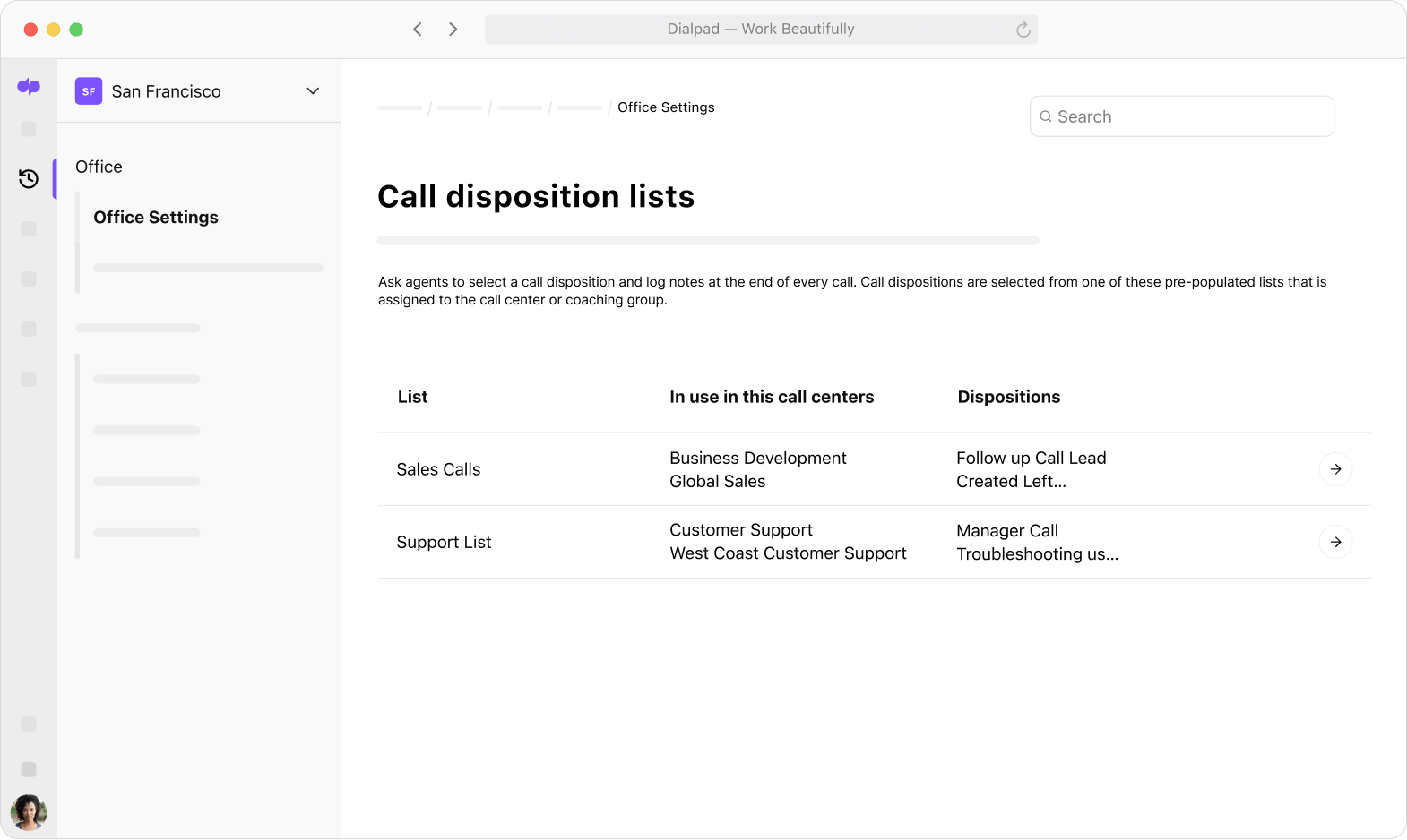 Screenshot of call dispositions in Dialpads online dashboard