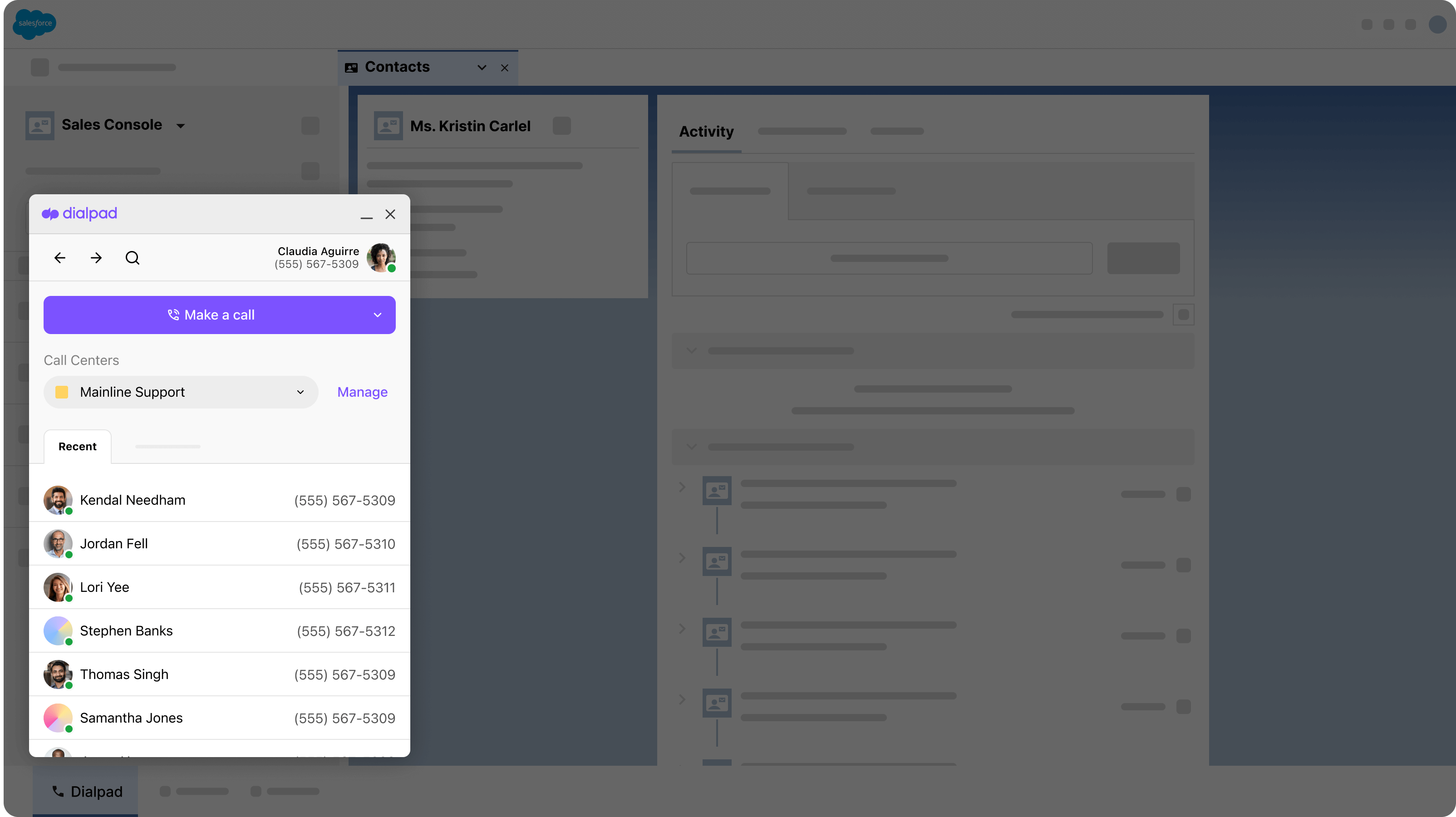 Screenshot of the Dialpads integration UI with Salesforce